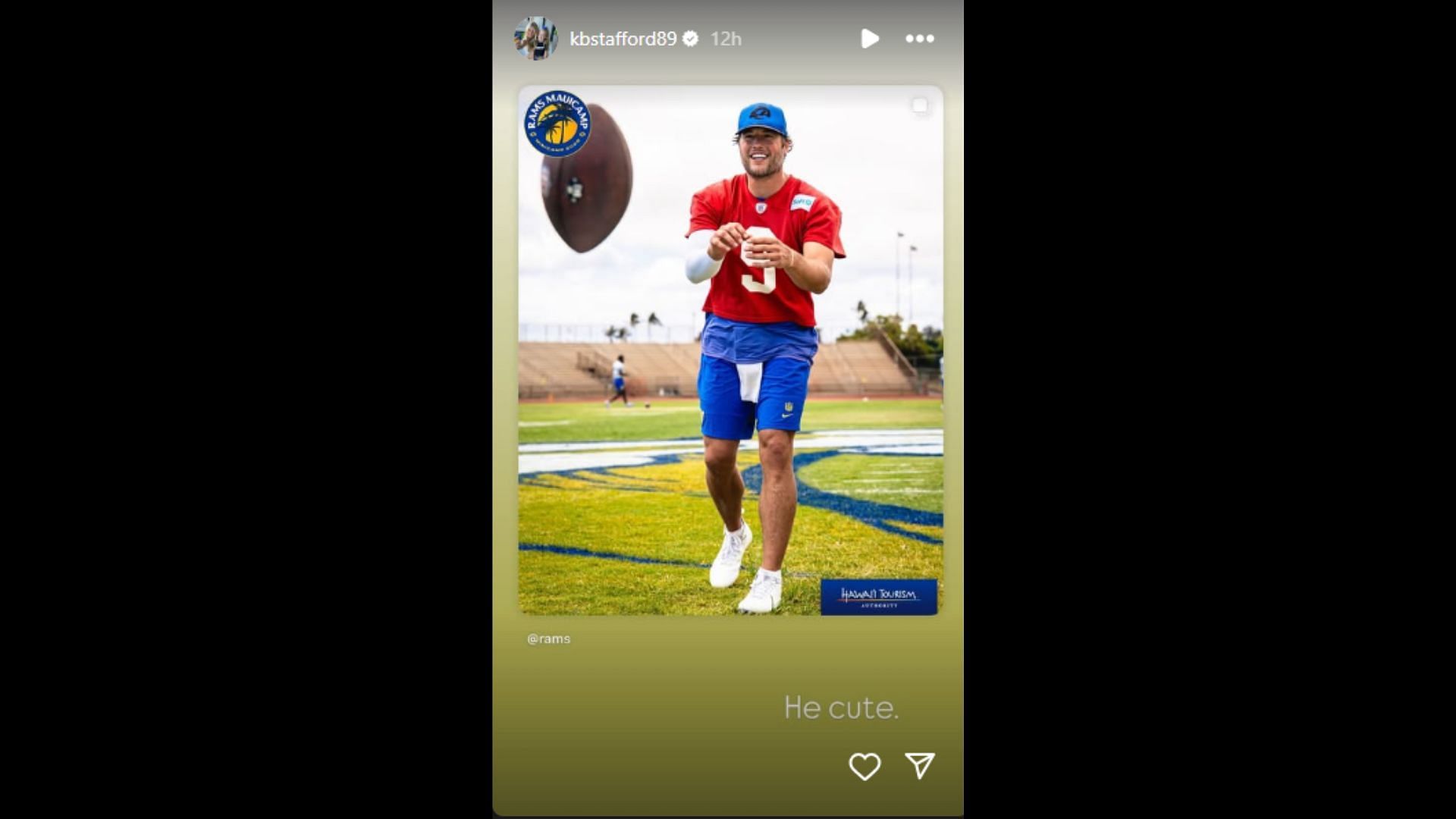 Matthew Stafford's wife, Kelly, gushed over her husband's appearance at minicamp. (Photo via Kelly Stafford's Instagram Story)